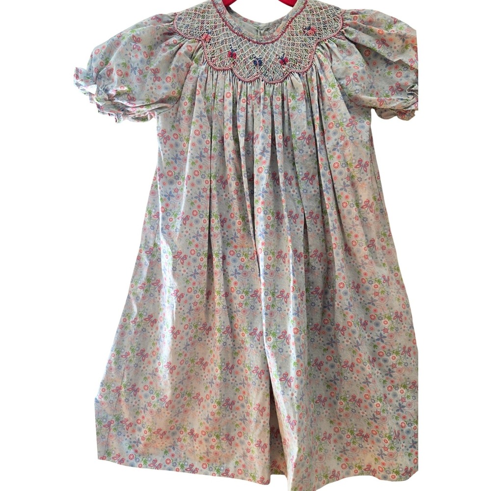 Petit Ami Girls Blue‎ Butterfly Floral Smocked Bishop Dress Size 6Y 7341